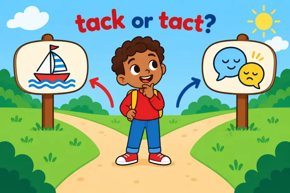 Cartoon signposts point to a sailing boat and a friendly conversation, contrasting tack vs tact in a sentence.
