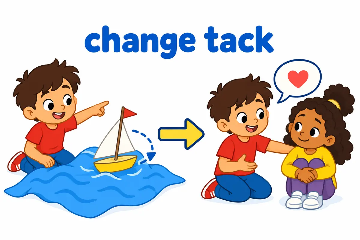 Cartoon signposts show a boat changing course on one side and a gentle conversation on the other, separating tack and tact.