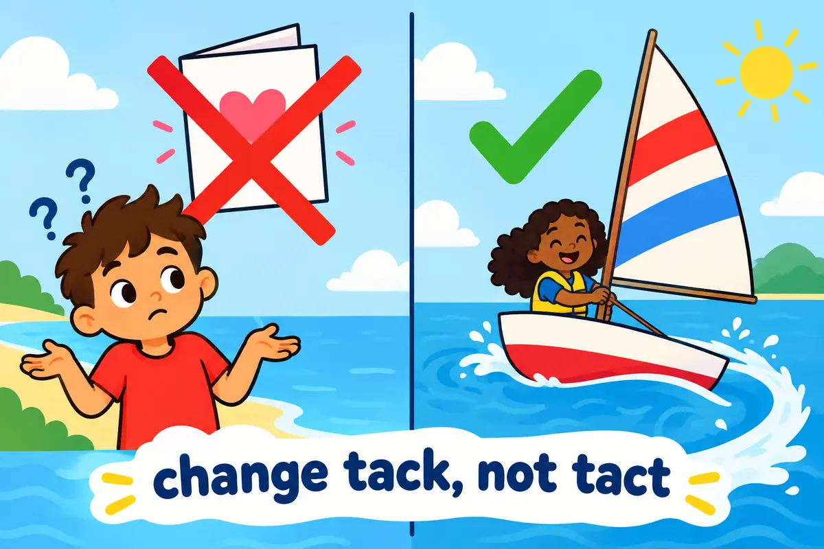 A cartoon split scene contrasts a crossed-out change tact with the correct change tack beside a turning boat.