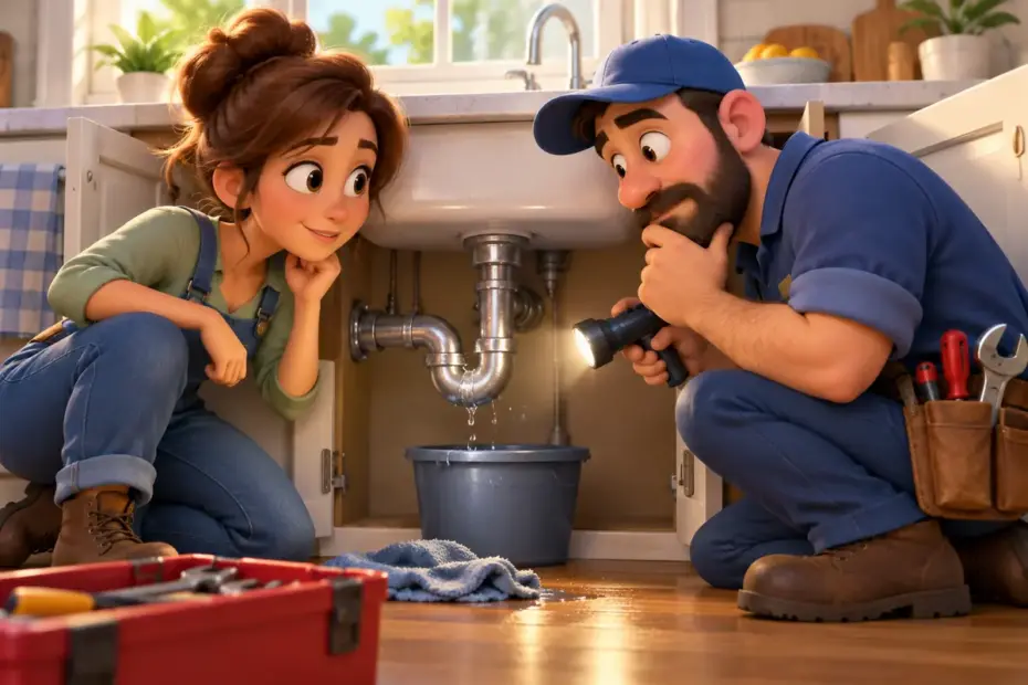 Two workers examine a dripping pipe beneath a sink.