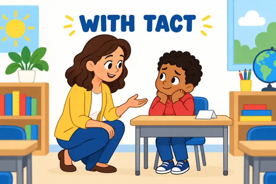 Cartoon teacher kneels to speak gently to a worried pupil, showing tact in a sentence as sensitivity that avoids hurt.
