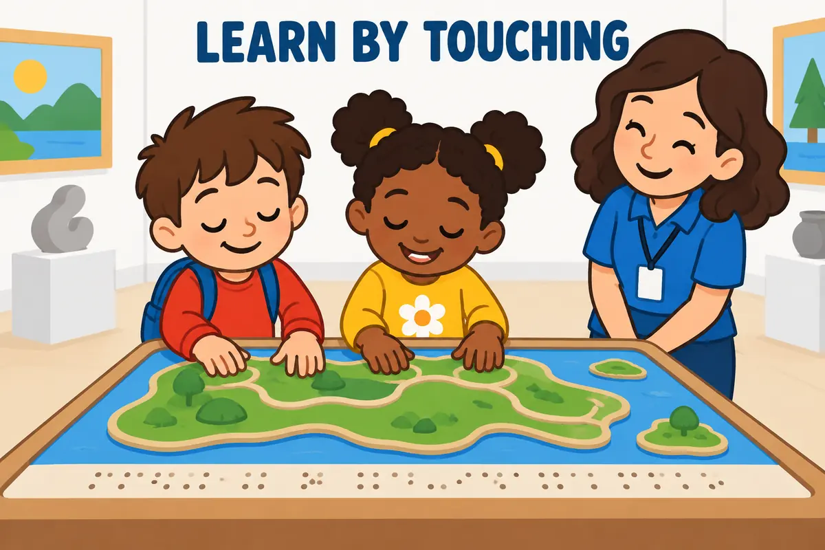 Cartoon children trace a raised tactile map with their fingers, showing tactile in a sentence as learning through touch.