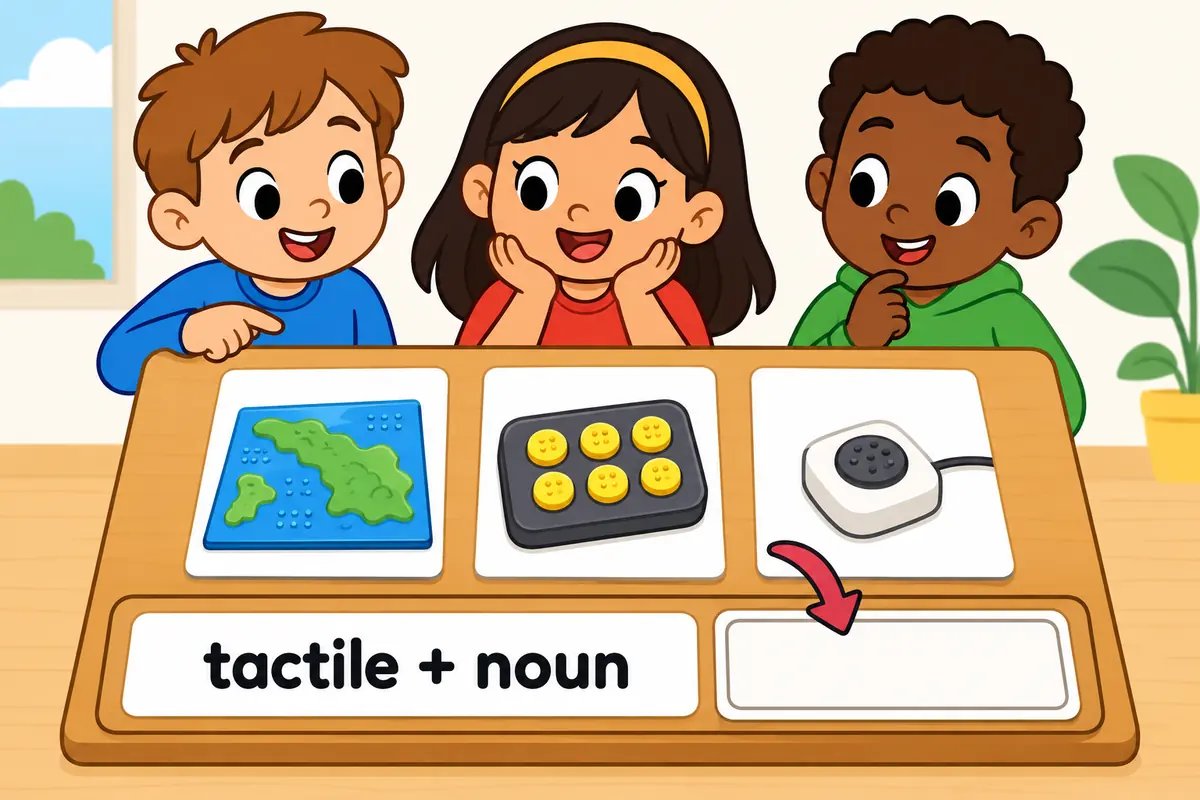 A cartoon card reading tactile slots in front of pictures of a map, a keypad and a sensor.