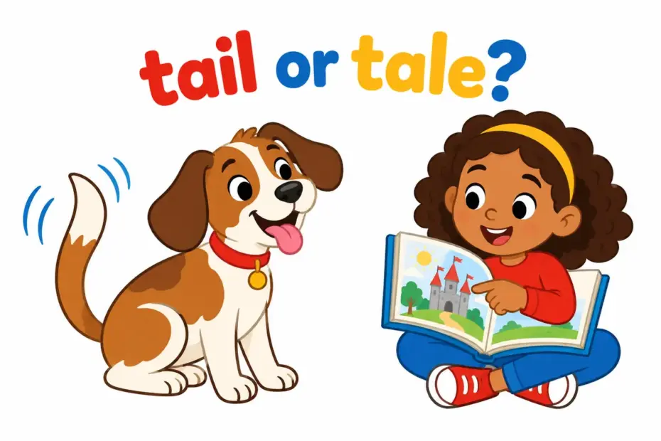 Cartoon dog wags its tail beside a child reading a storybook, illustrating tail vs tale as body part against story.