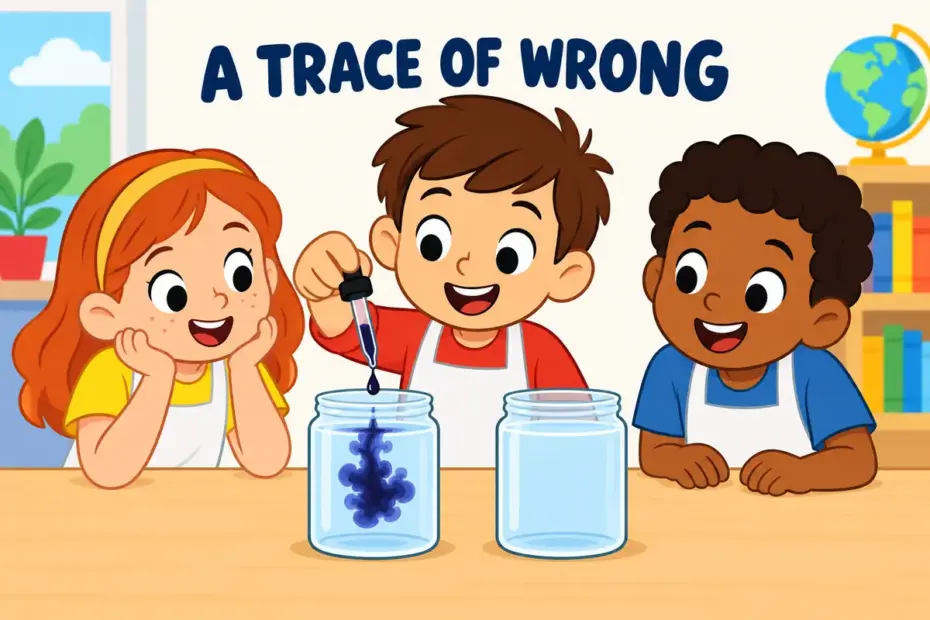 Cartoon children watch a single dark drop tint one jar of clean water, illustrating taint in a sentence as a small trace of something wrong.