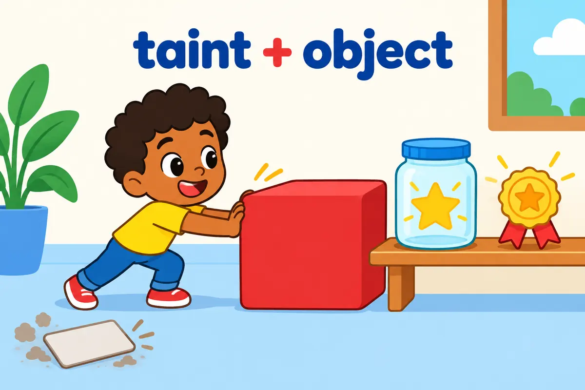 A cartoon card shows the word taint pressed straight against a jar and a badge with no small preposition card between them.