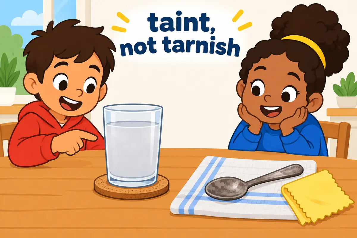 A single cartoon scene contrasts a cloudy glass of water with a dull metal spoon to separate taint from tarnish.
