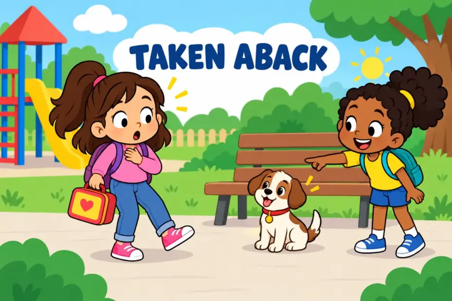 A cartoon girl pauses mid-sentence with wide eyes as a friend reveals unexpected news, showing take aback in a sentence.
