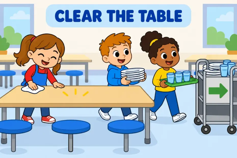 Cartoon children carry plates and cups from a lunch table to a trolley, showing take away in a sentence as removing and carrying off.