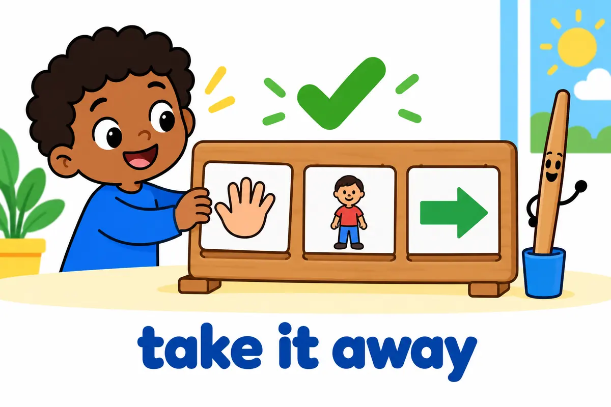 A cartoon word board places a small pronoun card between the verb take and the particle away, with a green tick.