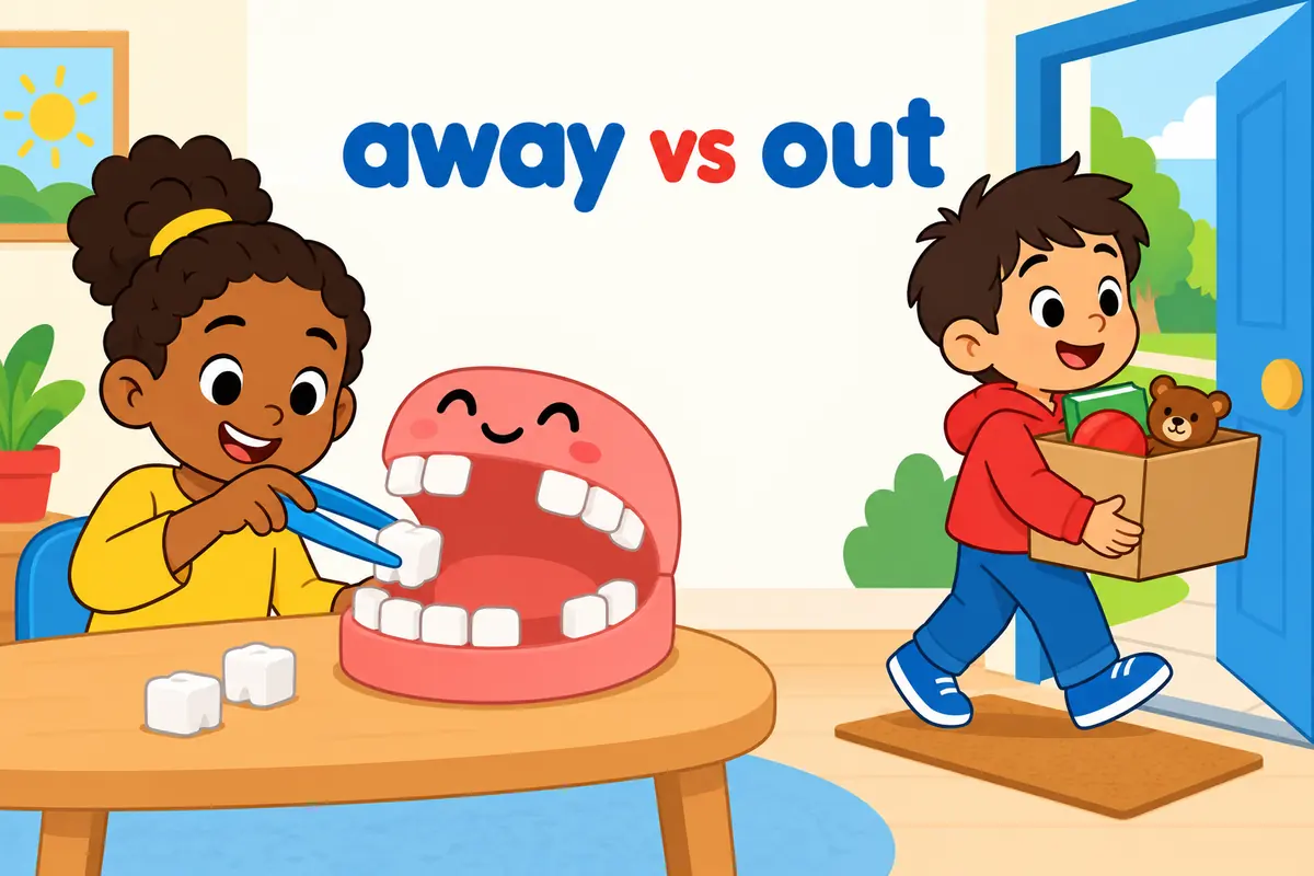 A single cartoon scene contrasts a child carrying a box out of a room with a child lifting a tooth from a model mouth.
