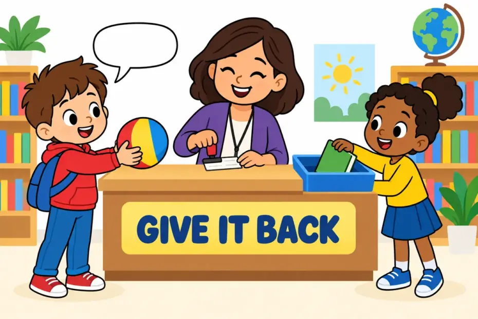 Cartoon children return a ball and a library book at a counter, showing take back in a sentence as retracting words or returning items.