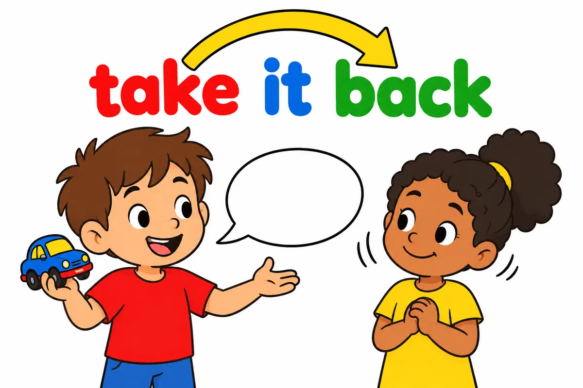 A cartoon child holds a toy and a speech bubble, showing that take back puts a pronoun between the verb and back.