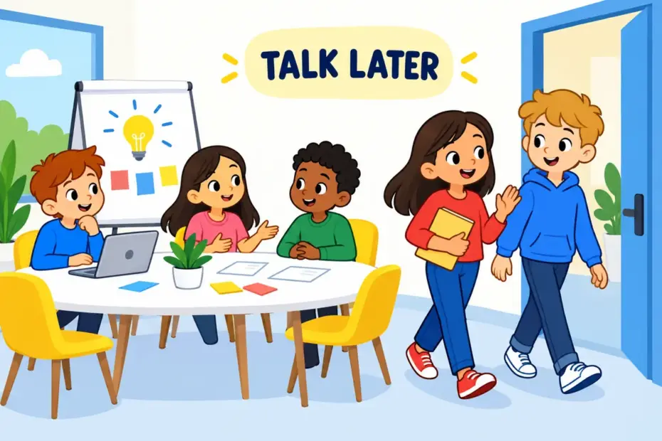 Cartoon colleagues step aside from a bright meeting table to take it offline in a sentence as a private chat by the door.