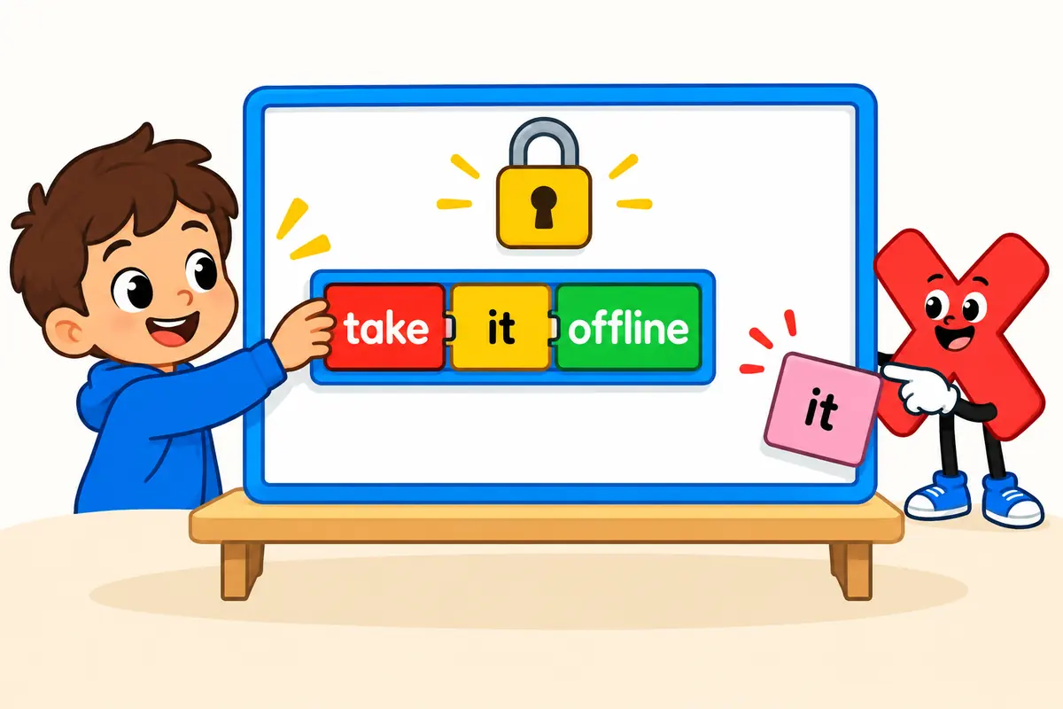 Cartoon cards lock the words take, it and offline into one row, with a cross over a card where it has slipped to the end.