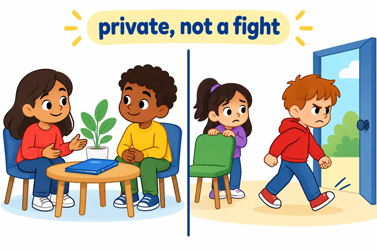 A cartoon split shows a calm meeting where a note is carried aside on the left and a scowling child stepping outside a door on the right.