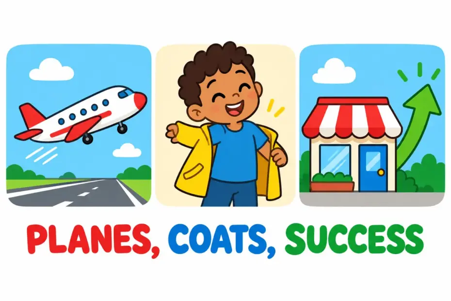 Cartoon children watch a plane rise while one takes off a coat and a tiny shop sign rises, showing take off in a sentence with three senses.