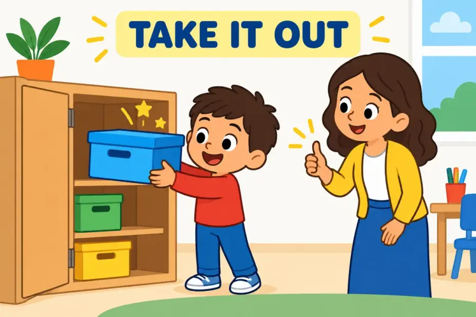Cartoon boy carries a storage box out of a classroom cupboard, showing take out in a sentence as removing something from a place.
