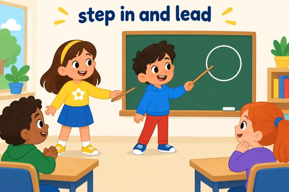 One cartoon child hands a classroom pointer to another, showing take over in a sentence as assuming control.