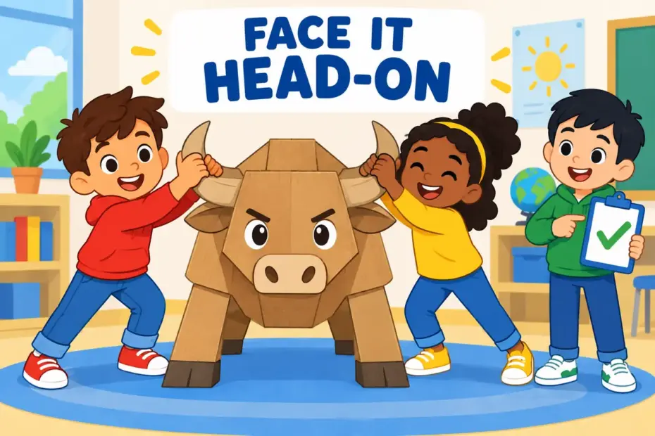 Cartoon pupils calmly grip a paper bull model by the horns together, showing take the bull by the horns in a sentence as facing a problem.