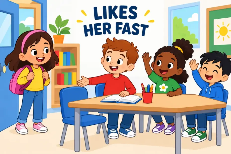 Cartoon children welcome a new classmate, showing take to in a sentence as quickly beginning to like someone.