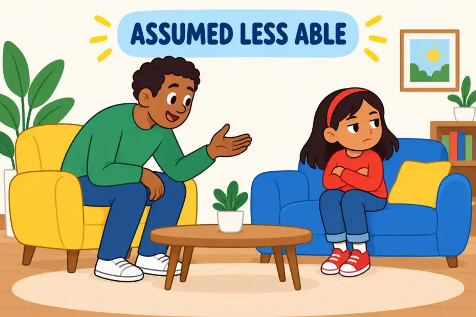 Cartoon adult speaks slowly to a seated child who looks away, illustrating talk down to in a sentence as condescending speech.