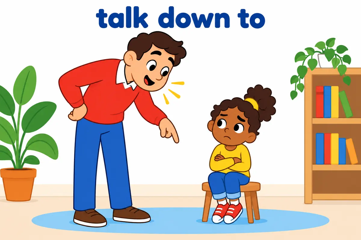A tall cartoon adult leans over a seated cartoon child and speaks slowly while the child folds their arms and looks away.