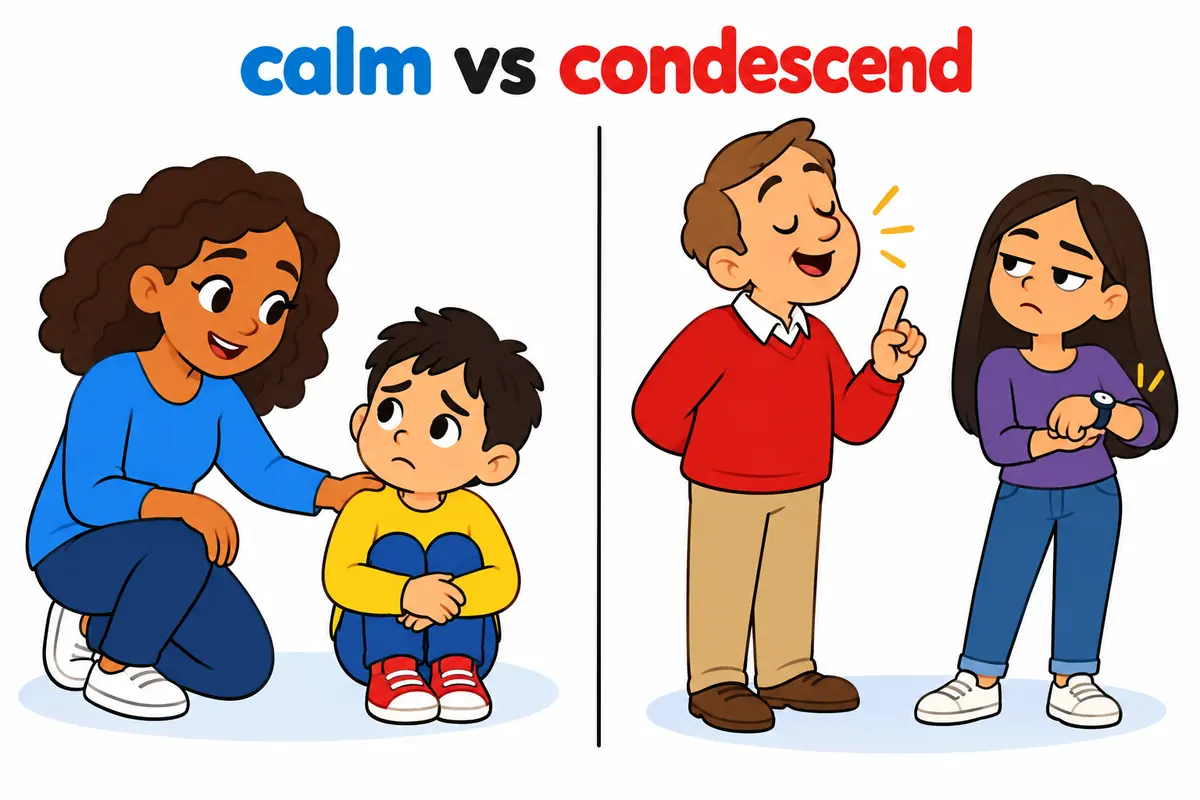 A cartoon split scene contrasts an adult calming a worried child with an adult speaking slowly to a bored-looking equal.