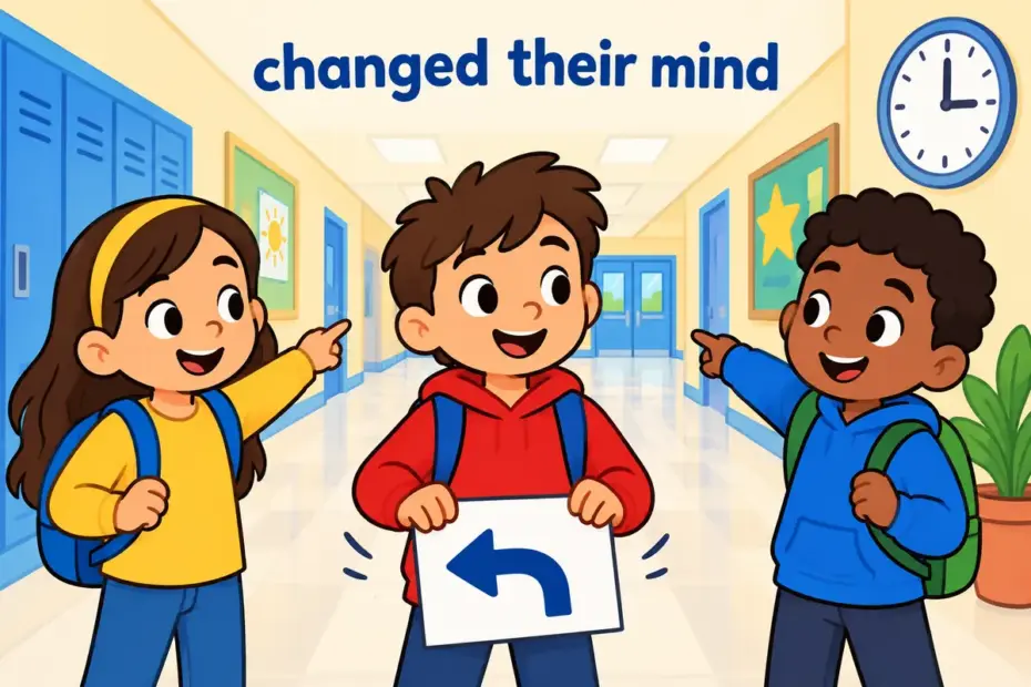 Cartoon friends pull a classmate back from a notice board, illustrating talk out of in a sentence.