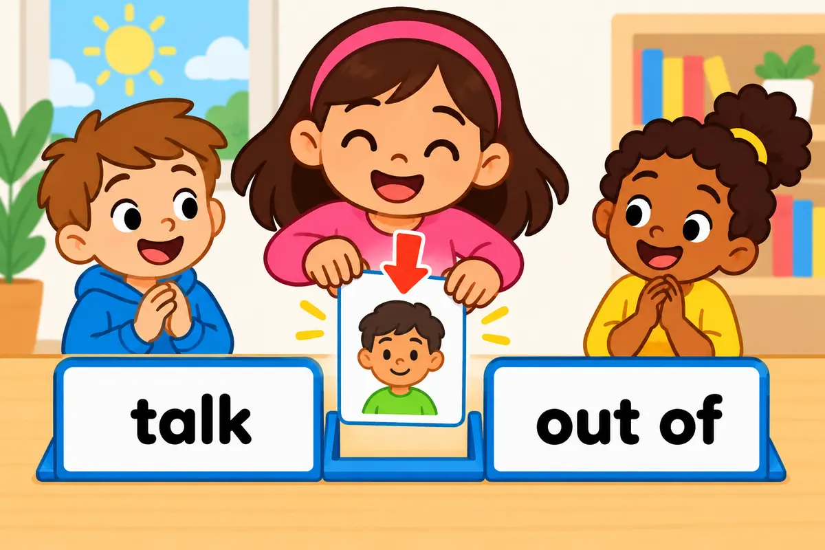 Three cartoon cards show a person slotted between the words talk and out of on a wooden board.