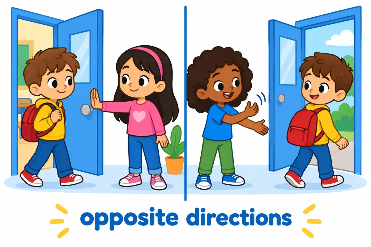 A split cartoon shows one friend gently blocking a doorway while another points toward it.