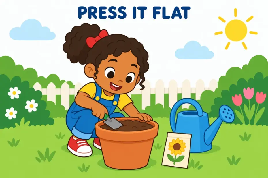 Cartoon child pats soil flat in a plant pot with a small tool, showing tamp down in a sentence as firm, steady pressure.