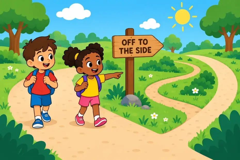 Cartoon children walk a main path while one points to a small side trail, illustrating tangential in a sentence.