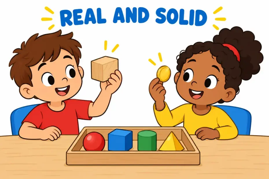 Cartoon children compare a wooden block and a coin, showing tangible in a sentence as something you can hold.