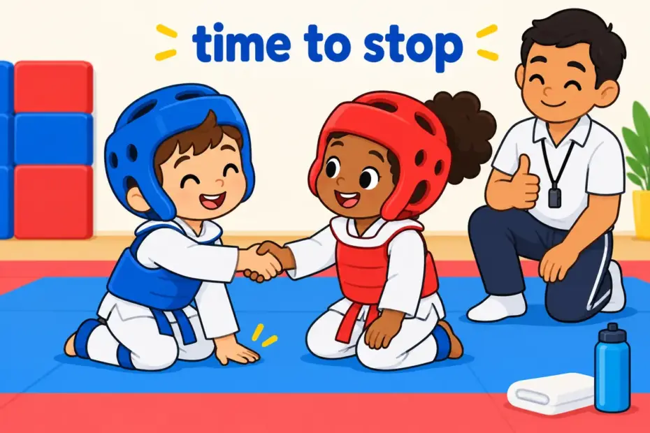 Cartoon fighters and a tired child tap a mat and a desk, showing tap out in a sentence as a signal that the struggle is over.