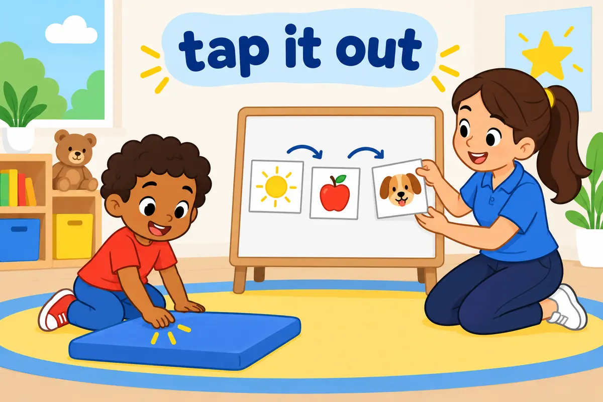 A child taps a training mat beside a coach moving picture cards on a board, showing two meanings of tap out.
