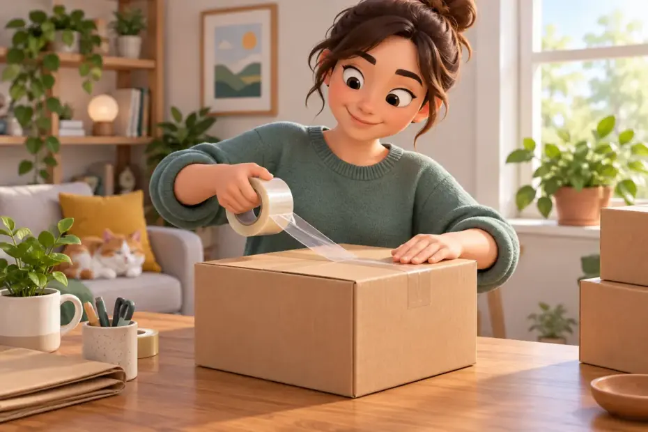 A person seals a cardboard parcel with a clear strip of adhesive tape.