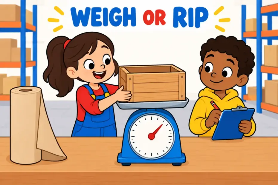 Cartoon child weighs an empty crate on a scale, showing tare vs tear as the weighing word against the ripping word.