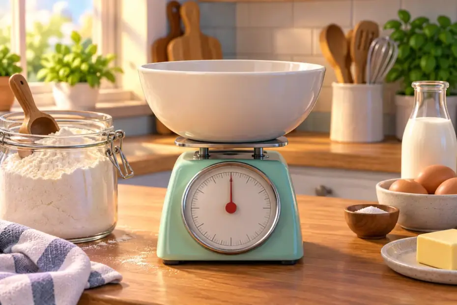 An empty bowl stands on a kitchen scale beside flour.