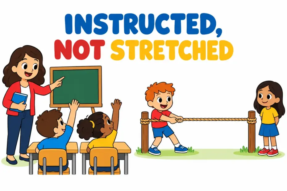 Cartoon children compare a teacher pointing at a board with a rope pulled tight, showing taught vs taut in a sentence.