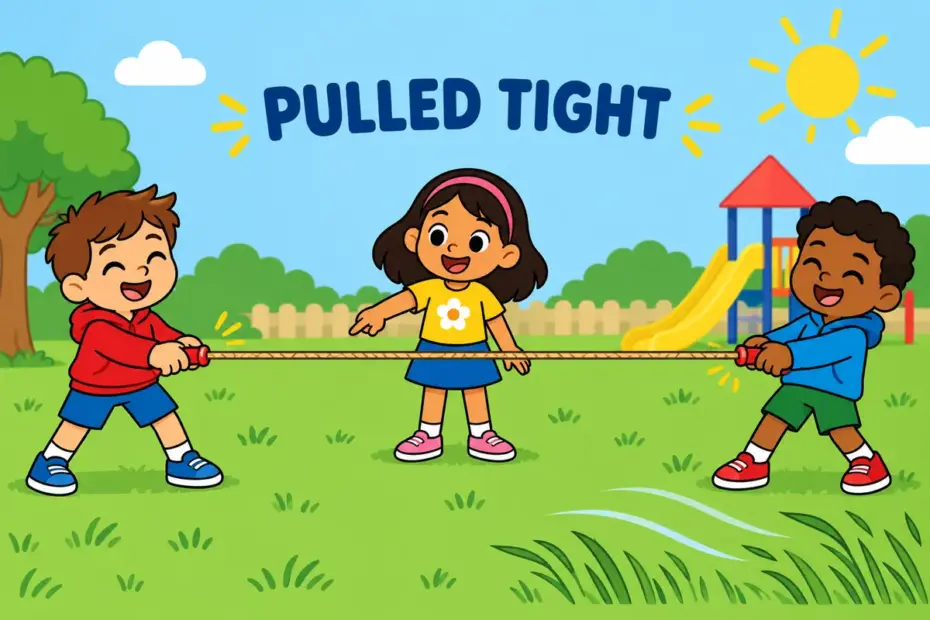 Cartoon children pull a rope taut across a finish line, showing taut in a sentence as something stretched tight.