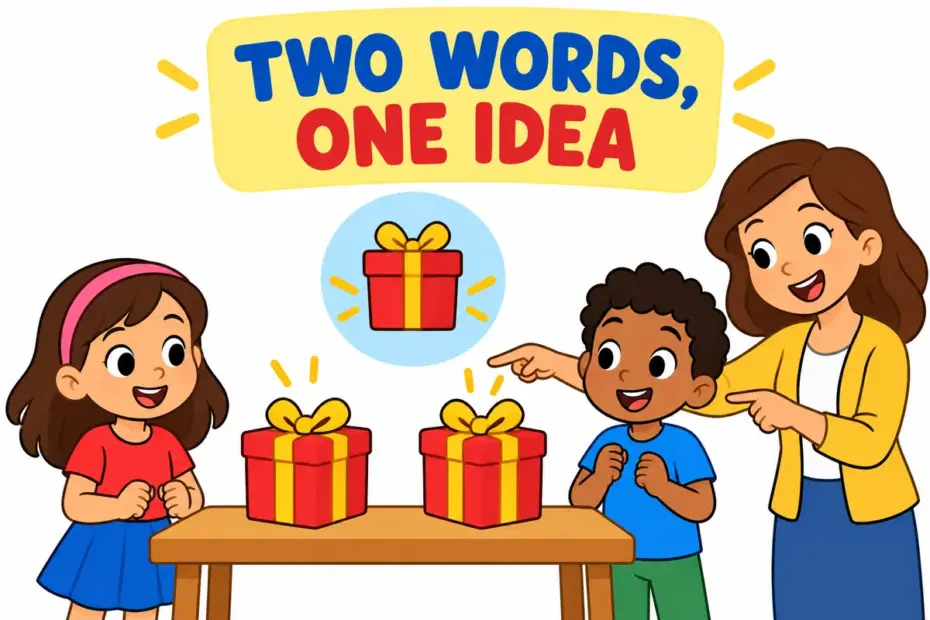 Cartoon children hold two identical gift boxes under a sign reading free gift, showing tautology in a sentence as one idea in two words.