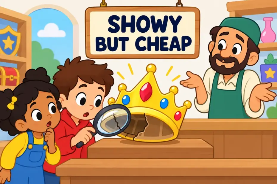 Cartoon children examine a glittering plastic crown that looks shiny but flimsy, showing tawdry in a sentence as showy and cheap.