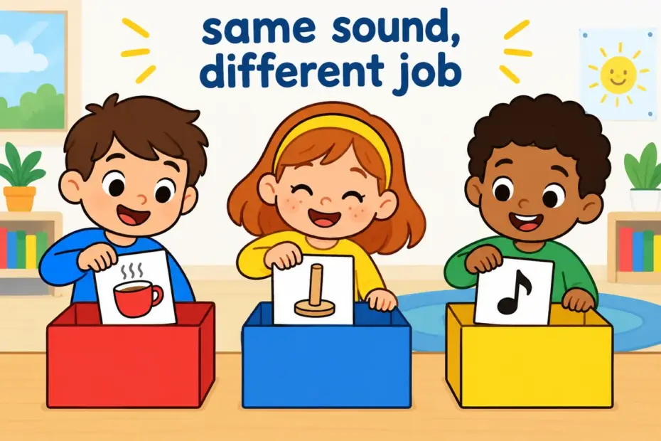 Cartoon children sort a teacup, a golf stand and a music note into boxes, showing te vs tea vs tee as homophones that mean different things.