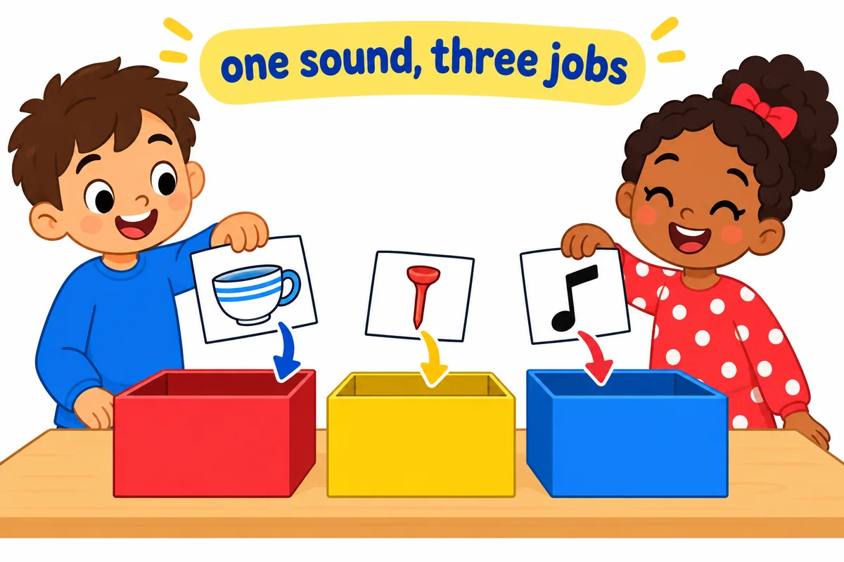 Cartoon children sort a teacup, a golf stand and a music note into three labelled picture boxes, showing how te, tea and tee differ.