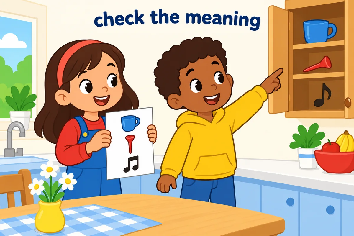Cartoon children check a shopping list and match each picture to tea, tee or te, spotting the homophone trap.