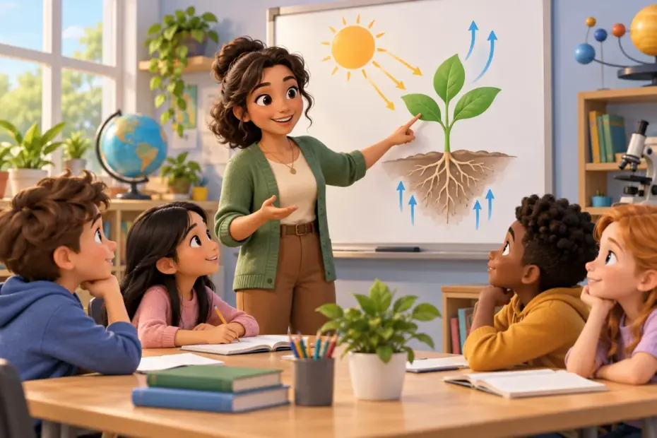 A teacher explains a science diagram to attentive students in a bright classroom.