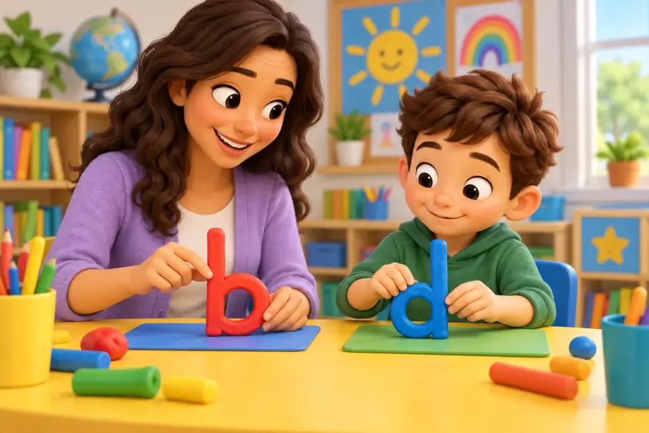 A teacher and child shape two differently oriented letter forms from modeling clay at a learning table.
