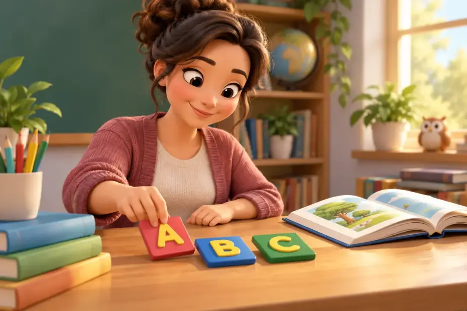 A teacher arranges colored letter tiles beside a book.