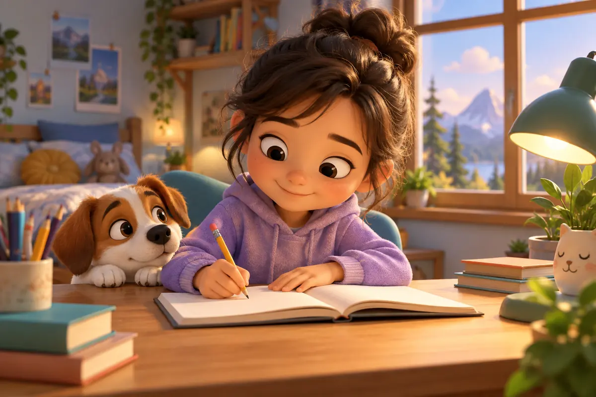 A child writes in a notebook at a desk.